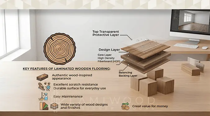 Laminated wooden flooring with realistic wood grain finish