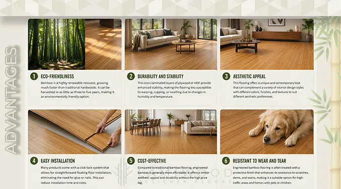 Infographic listing the top advantages of engineered bamboo flooring including eco-friendliness, dimensional stability, aesthetic options, and cost-effectiveness
