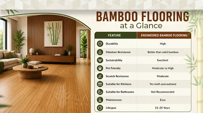 Infographic showing the key advantages and disadvantages of engineered bamboo flooring for Indian homes — by Lamiwood Designer Floors