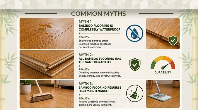 Myth-busting infographic on engineered bamboo flooring — addressing misconceptions about waterproofing, durability differences, and maintenance effort
