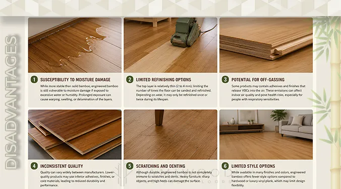 Infographic covering the main disadvantages of engineered bamboo flooring — susceptibility to moisture, limited sanding options, possible off-gassing, and quality variation