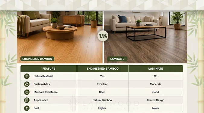 Side-by-side comparison of engineered bamboo flooring vs laminate flooring on sustainability, appearance, moisture resistance, and price