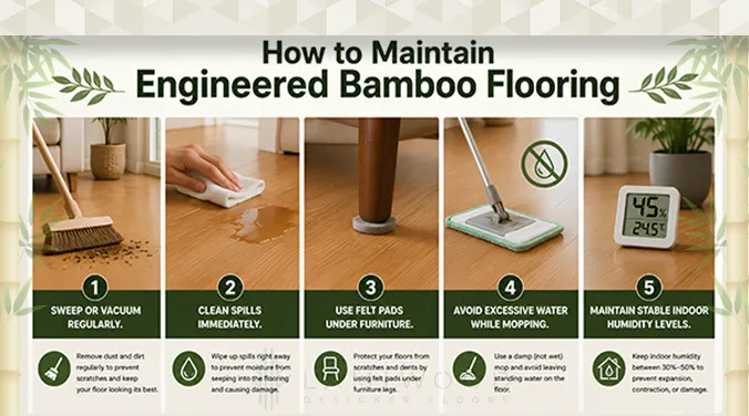 Step-by-step guide on how to maintain engineered bamboo flooring — regular sweeping, damp mopping, spill cleanup, and humidity management