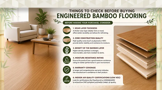 Buying checklist for engineered bamboo flooring — what to verify including wear layer thickness, moisture rating, indoor air quality certification, and warranty coverage
