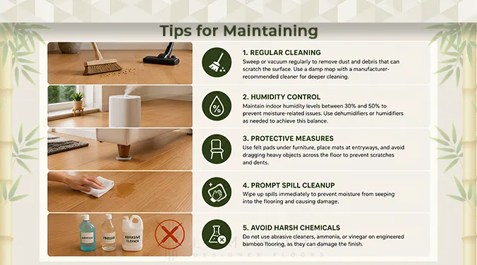 Maintenance tips for engineered bamboo flooring — how to clean, control humidity, prevent scratches, and extend lifespan to 25 years