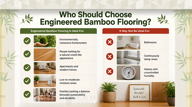 Guide on who should choose engineered bamboo flooring — ideal for environmentally conscious families, modern apartments, and low-to-moderate moisture spaces