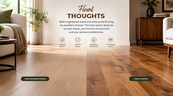 Living room showing light engineered wood flooring beside darker solid wood flooring with visible natural grain.