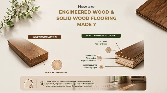 Solid hardwood plank compared with engineered wood flooring showing a real hardwood top, layered core and stabilising base.
