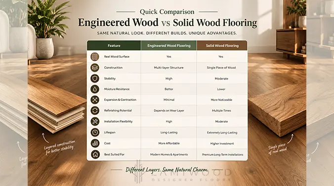 Engineered wood vs solid wood flooring comparison chart covering construction, stability, refinishing, lifespan and cost.