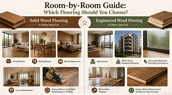 Room-by-room guide comparing solid and engineered wood flooring for living rooms, bedrooms, apartments and renovations.