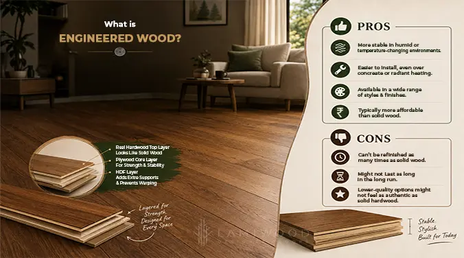 Engineered wood flooring with a real hardwood surface and layered core, alongside its advantages and limitations.