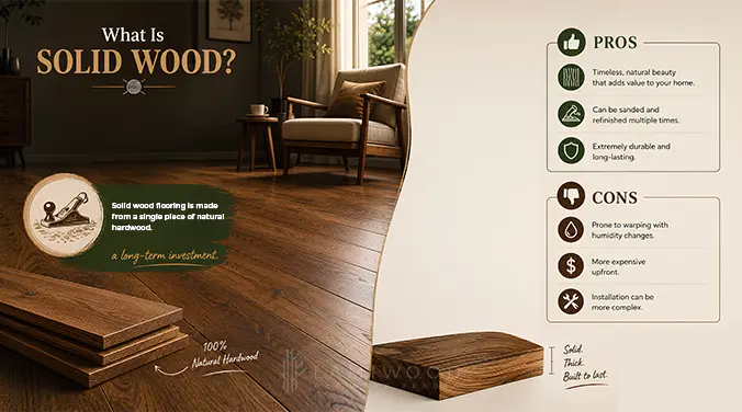 Solid wood flooring made from a single piece of hardwood, with an infographic outlining its advantages and limitations.