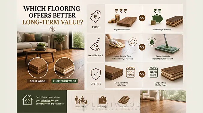 Solid wood vs engineered wood flooring infographic comparing upfront cost, maintenance and expected lifespan.