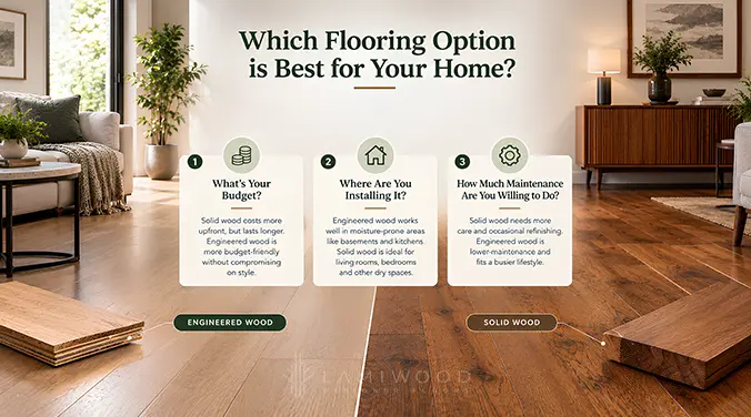 Guide to choosing engineered or solid wood flooring based on budget, installation location and maintenance needs.