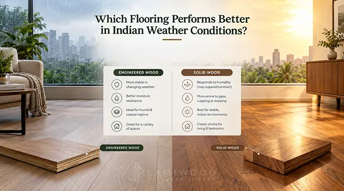 Engineered wood vs solid wood flooring in Indian weather, comparing stability and response to seasonal humidity.