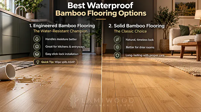 Engineered and solid bamboo flooring compared by moisture tolerance, room suitability, installation and care needs.