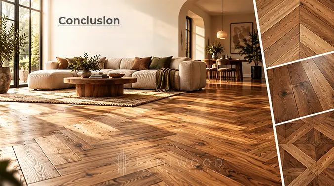 Sunlit living room with brown herringbone flooring and inset examples of chevron, straight planks and parquet.