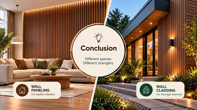 Interior wall paneling behind a living room sofa compared with vertical wood-look wall cladding on a modern building exterior.