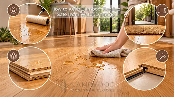 Bamboo floor care collage showing spill cleanup, surface sealing, entrance mats, engineered planks and installation.
