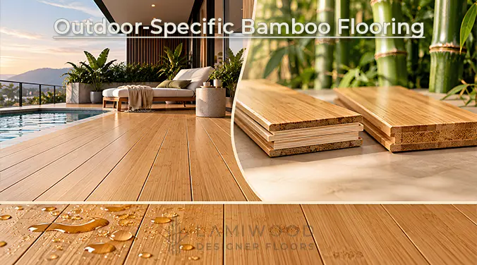 Outdoor bamboo flooring collage showing a poolside deck, plank cross-sections and water droplets.