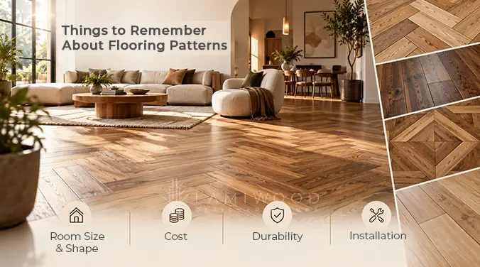 Wooden flooring pattern guide covering room size, cost, durability and installation considerations.
