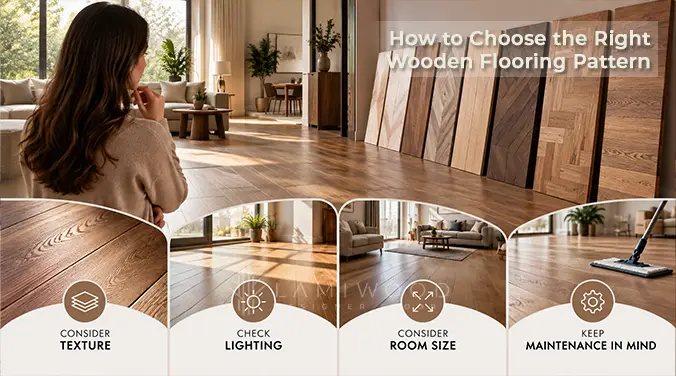 Guide to choosing wooden flooring patterns by texture, lighting, room size and maintenance needs.