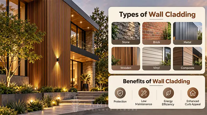 Wall cladding types infographic showing stone, brick, metal, wood, vinyl and composite finishes with benefit icons.