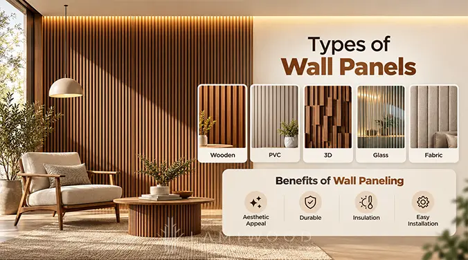 Types of wall panels infographic showing wooden, PVC, 3D, glass and fabric panels, with interior examples and benefit icons.