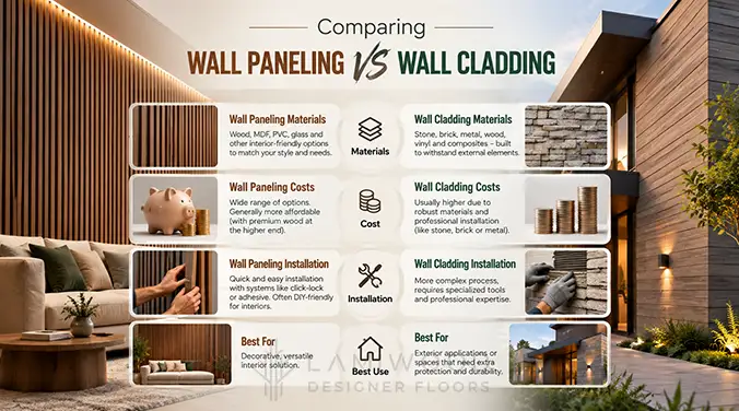 Wall paneling vs wall cladding infographic comparing materials, cost, installation and interior or exterior applications.