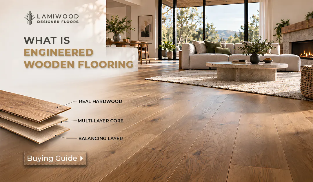 COVER–WHAT-IS-ENGINEERED-WOODEN-FLOORING Engineered hardwood flooring in a living room, with a diagram showing the real wood top, multilayer core and balancing layer.