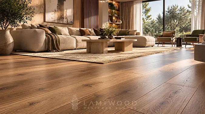 Sunlit living room with warm brown wooden flooring, visible grain and plank joints, a cream sofa and a textured rug.