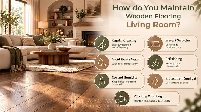Living room wood floor care infographic covering cleaning, scratch prevention, moisture control and protection from sunlight.