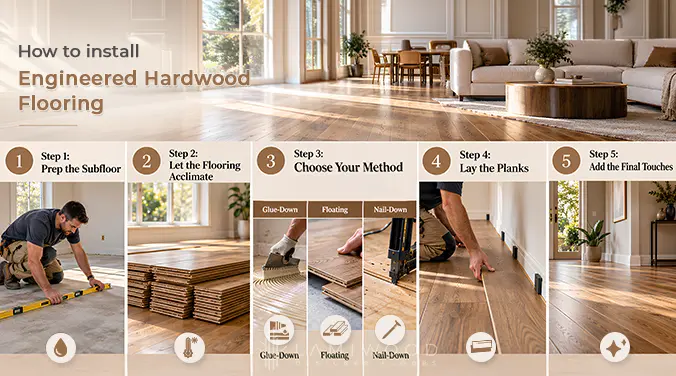 Engineered hardwood installation steps showing subfloor preparation, acclimatisation, fixing methods, plank laying and finishing.