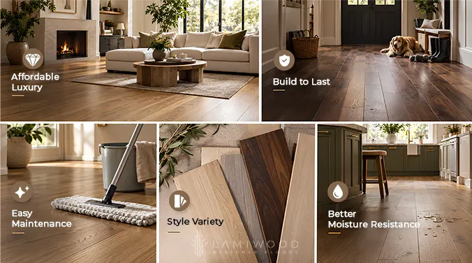 Engineered hardwood benefits illustrated: affordability, durability, easy cleaning, style variety and moisture resistance.