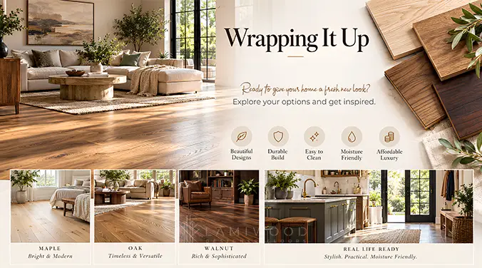 Engineered hardwood flooring ideas featuring maple, oak and walnut finishes, room settings and wood plank samples.
