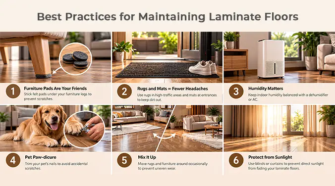Laminate floor care guide covering felt pads, mats, humidity control, pet nails, furniture placement and sunlight protection.