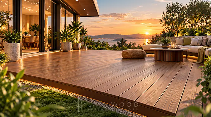 Completed brown WPC deck with outdoor seating, planters and warm edge lighting overlooking a lake at sunset.