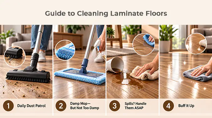 Four steps for cleaning laminate floors: remove dust, damp mop, wipe spills promptly and buff with a dry cloth.