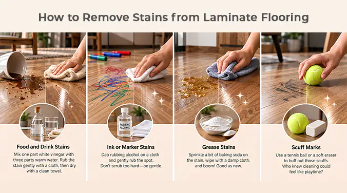 Collage showing removal of food spills, marker stains, grease and scuff marks from laminate flooring.