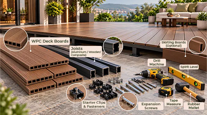 WPC deck installation materials including hollow boards, joists, starter clips, fasteners, screws and edge trims.