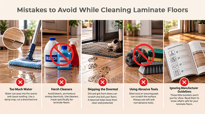 Laminate floor cleaning mistakes: excess water, harsh cleaners, no doormat, abrasive tools and ignoring care instructions.