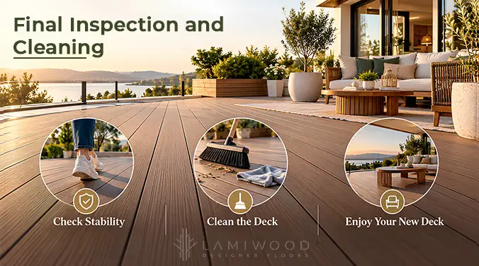 WPC deck inspection and cleaning illustrated through stability checks, sweeping and a finished outdoor seating area.