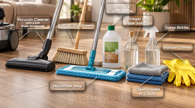 Laminate floor cleaning tools including a microfiber mop, vacuum, soft broom, cleaners, spray bottle, cloths and gloves.
