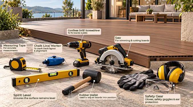 WPC decking tools: measuring tape, chalk line, drill, circular saw, spirit level, rubber mallet and safety gear.