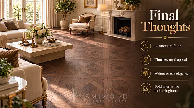 Warm brown Versailles parquet flooring in a sunlit living room with classic furniture and a carved stone fireplace.