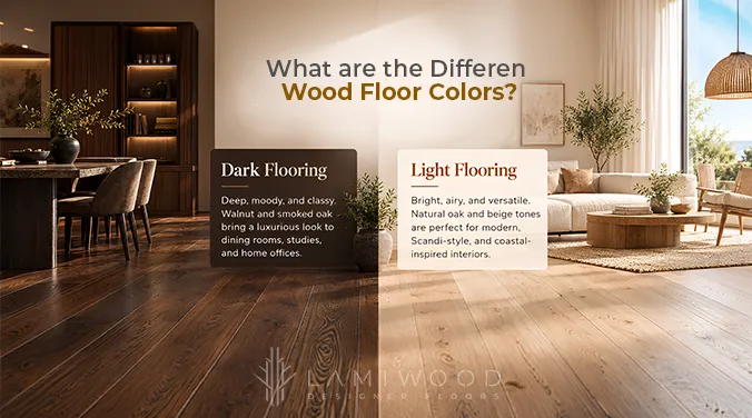 Dark brown wood flooring compared with light oak and beige tones in contrasting dining and living room settings.