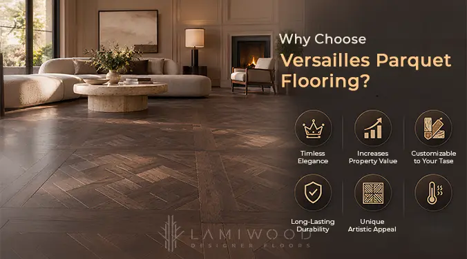 Versailles parquet flooring benefits infographic covering elegance, property value, customisation, durability and warmth.