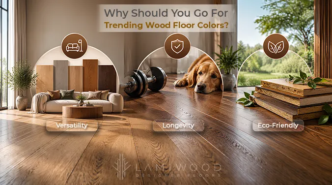Infographic presenting versatility, longevity and eco-friendly options as reasons to choose trending wood floor colors.