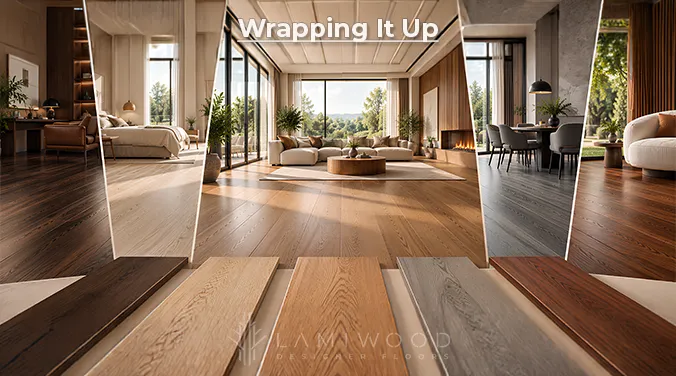 Wood floor color comparison showing beige, natural brown, grey and dark brown finishes across different home interiors.