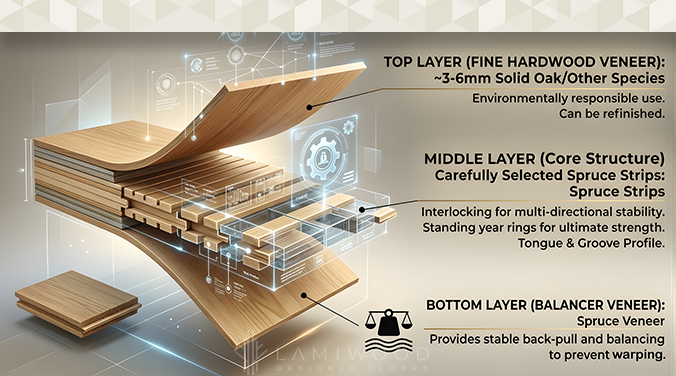 Engineered wooden flooring thickness guide showing wear layer and core construction layers